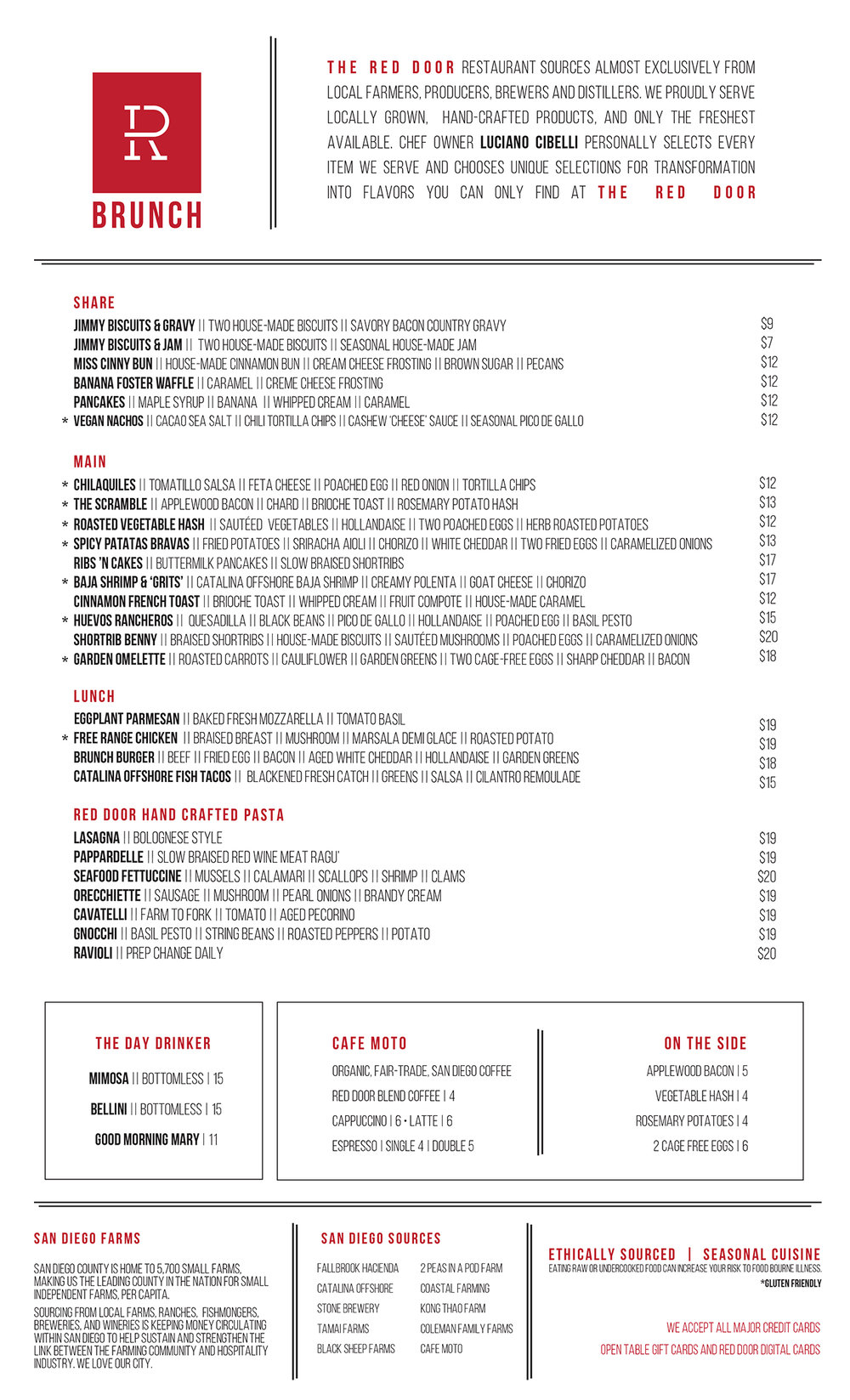 Menus The Red Door San Diego