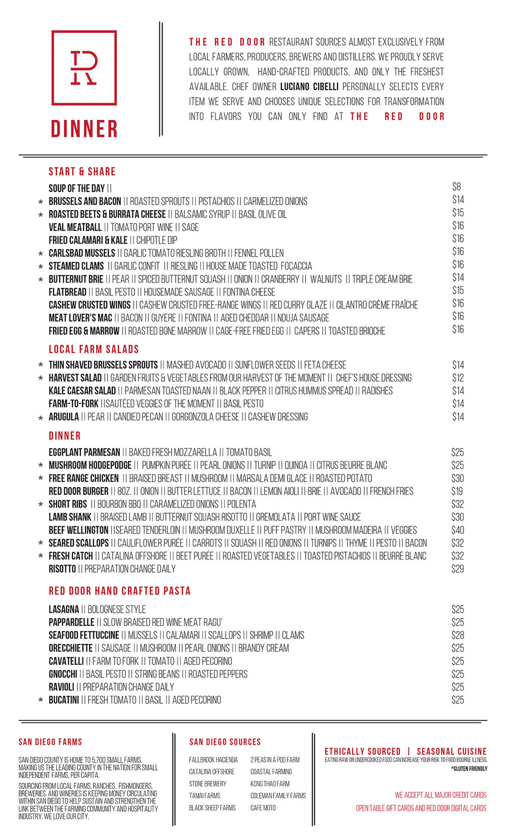 Menus The Red Door San Diego